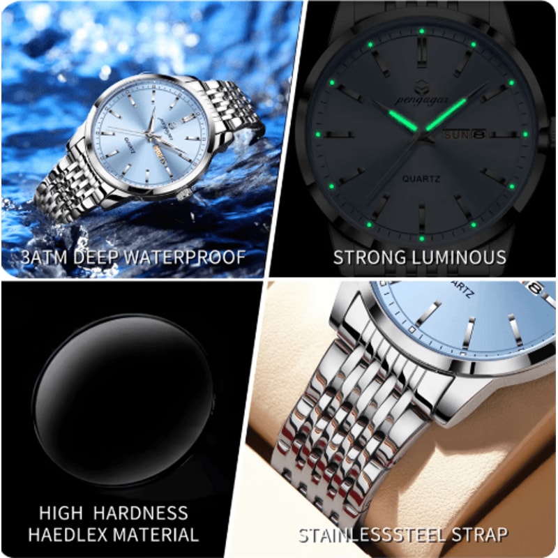 PENGAGAR Luxury Stainless Steel Quartz Watch For Men With Date And Week 7