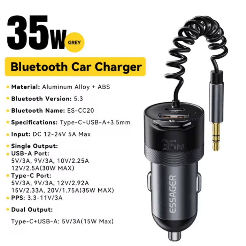Essager Bluetooth 5 3 Car Adapter Fast Car Charger With 35mm AUX Bluetooth Adapter For Hands Free 1