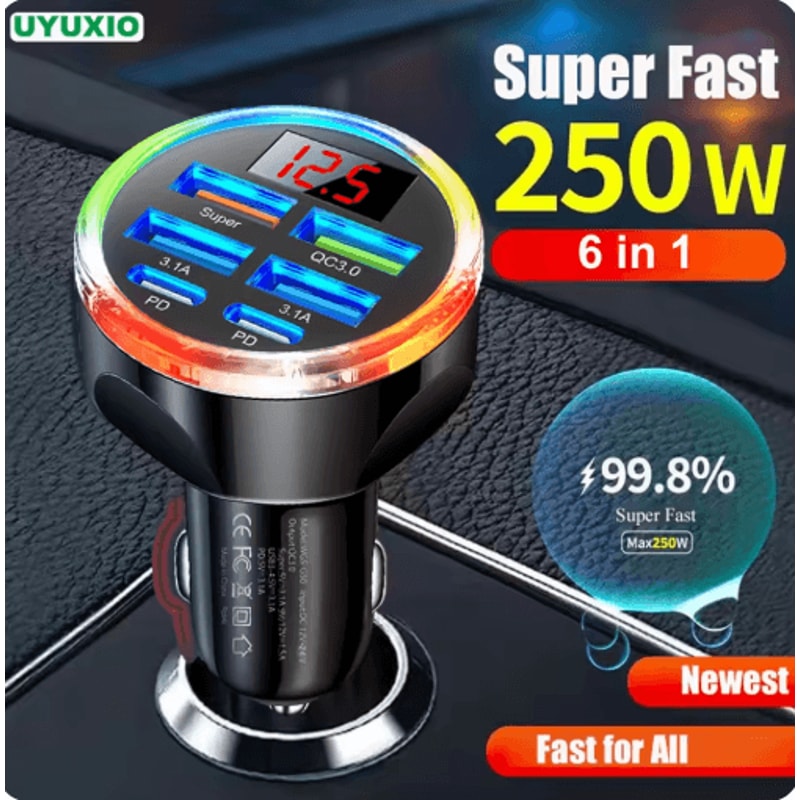 UYUXIO 6 N 1 Multi Port USB C Car Charger With Voltage Display Dual PD USB C Fast Car Charging Adap 0