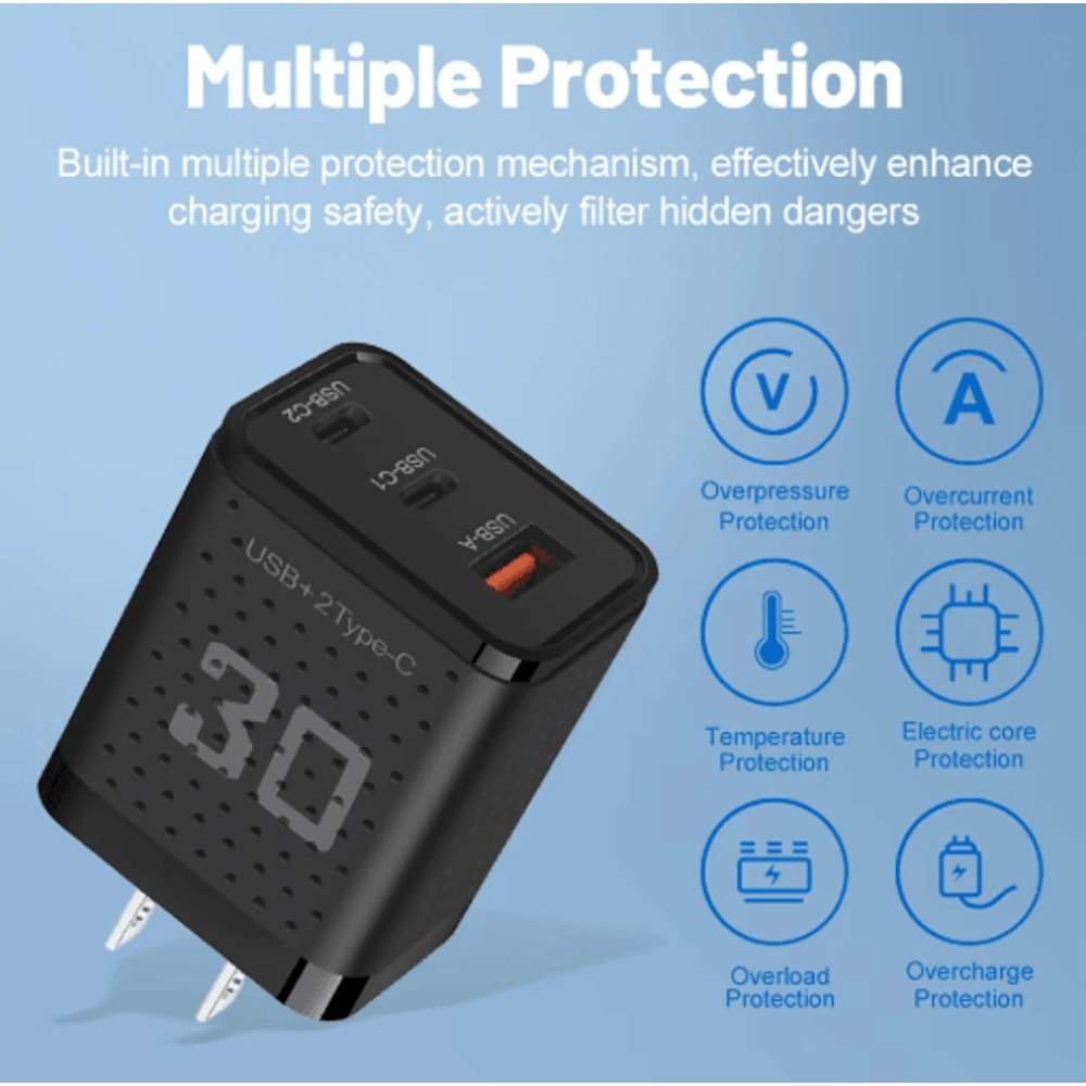 30W USB C Charger 3 Port Fast Charging Adapter With QC30 EU US Plug 7