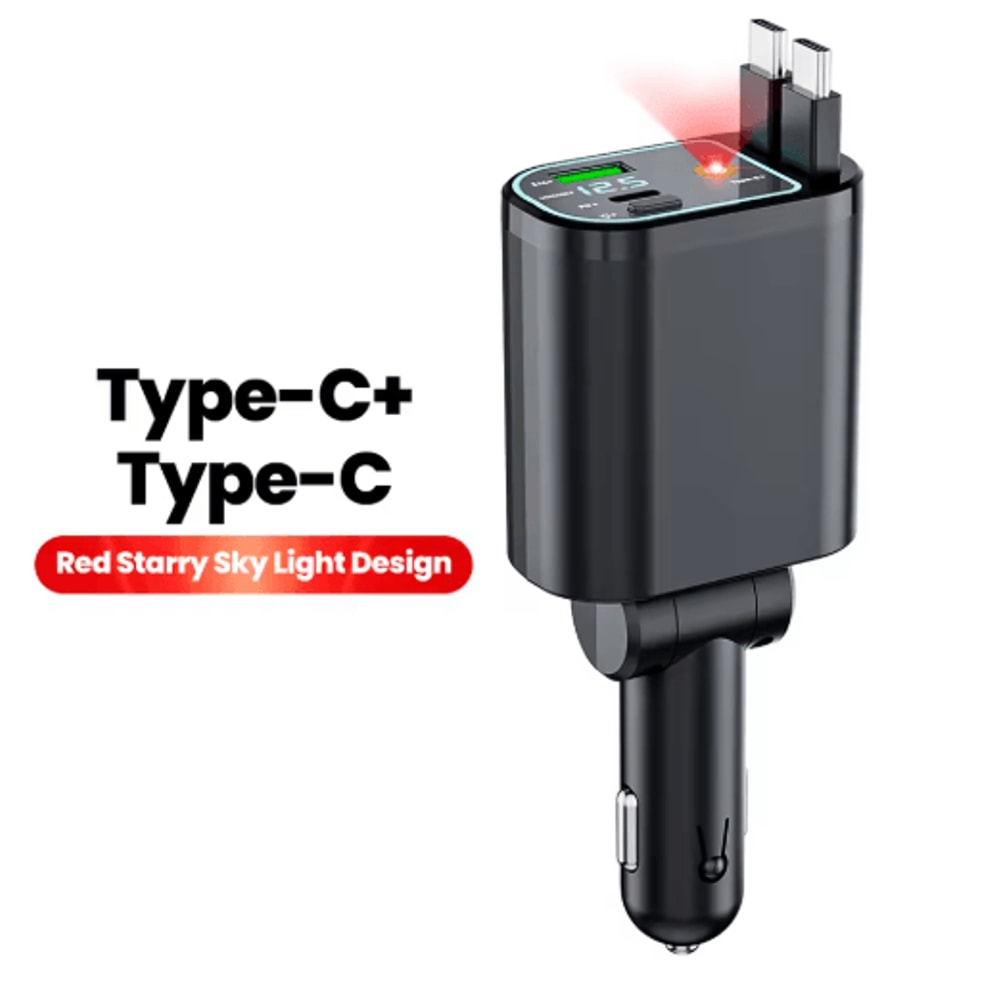 4 In 1 Car Charger With Dual Retractable Cables USB C Car Fast Charger With Star Lights 1