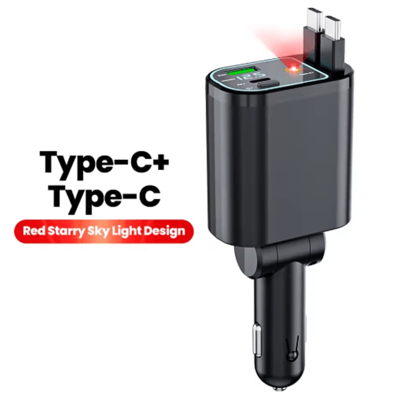 4 In 1 Car Charger With Dual Retractable Cables USB C Car Fast Charger With Star Lights 1