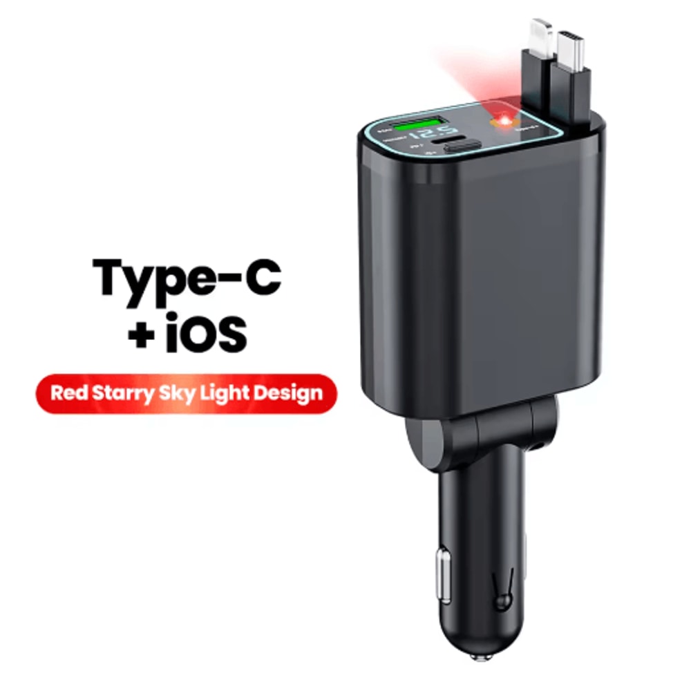 4 In 1 Car Charger With Dual Retractable Cables USB C Car Fast Charger With Star Lights 2