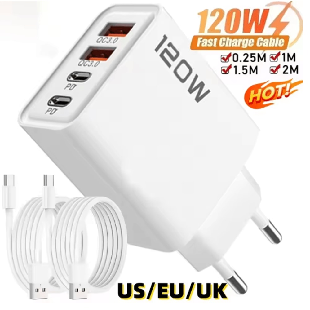120W 4 Port USB C Wall Charger With Fast Charging Cable For Samsung IPhone Huawei 0