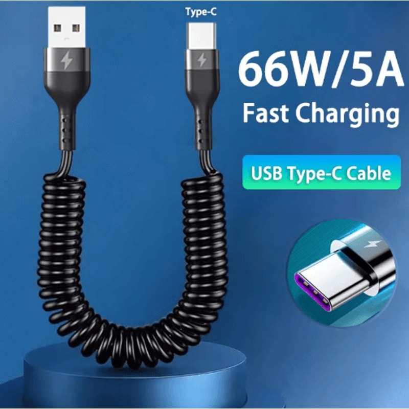 66W 5A USB C Fast Charging Spring Car Cable Portable Type C Data Cable 5