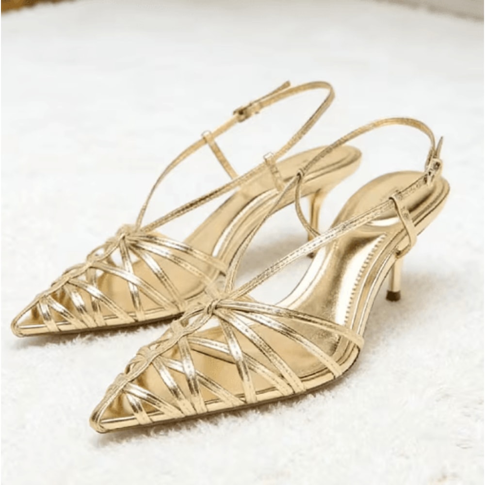 Luxury Gold Pointed Toe Slingback Heels Thin Strap High Heel Summer Sandals 0