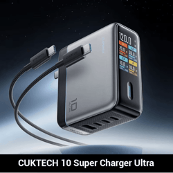 cuktech 10 ultra 120w multi-port fast charging usb-c wall charger with smart display