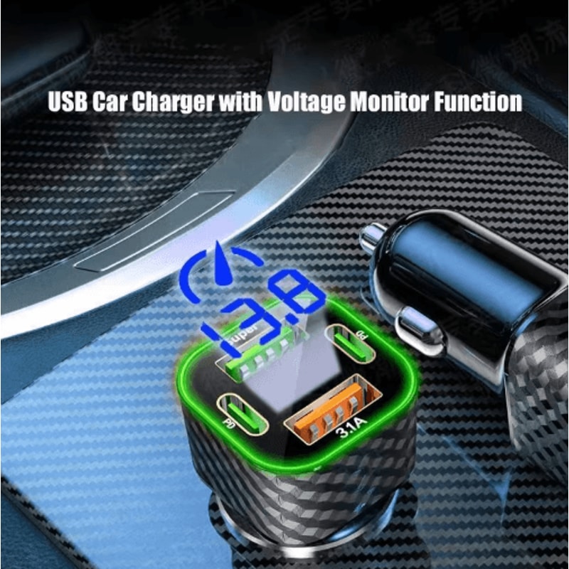 UYUXIO Dual PD Super Fast USBC Car Charger With Voltage Display 4in1 Power Adapter For IPhone And 3