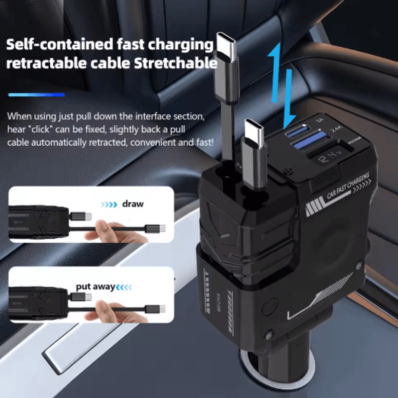 Retractable 4in1 Fast Charging Car Charging Cable Adapter Universal MultiDevice Power Solution 3