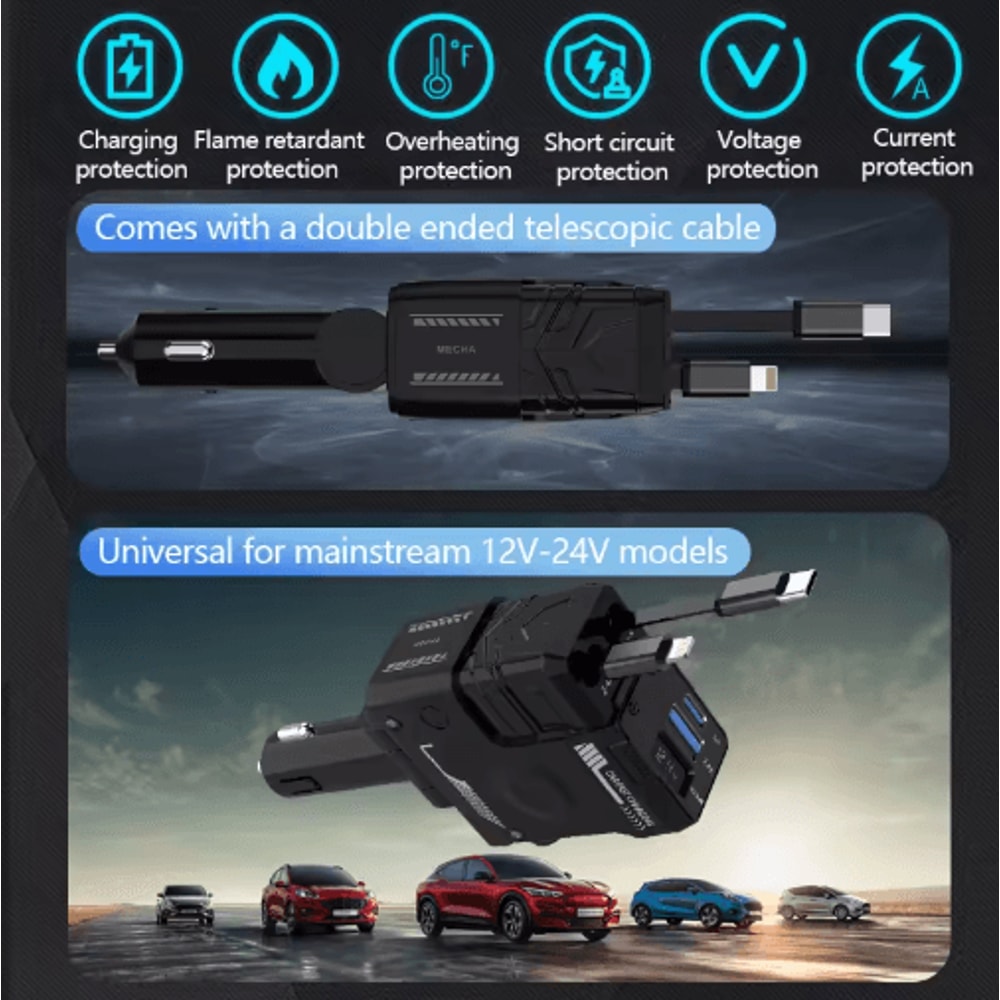 Retractable 4in1 Fast Charging Car Charging Cable Adapter Universal MultiDevice Power Solution 4