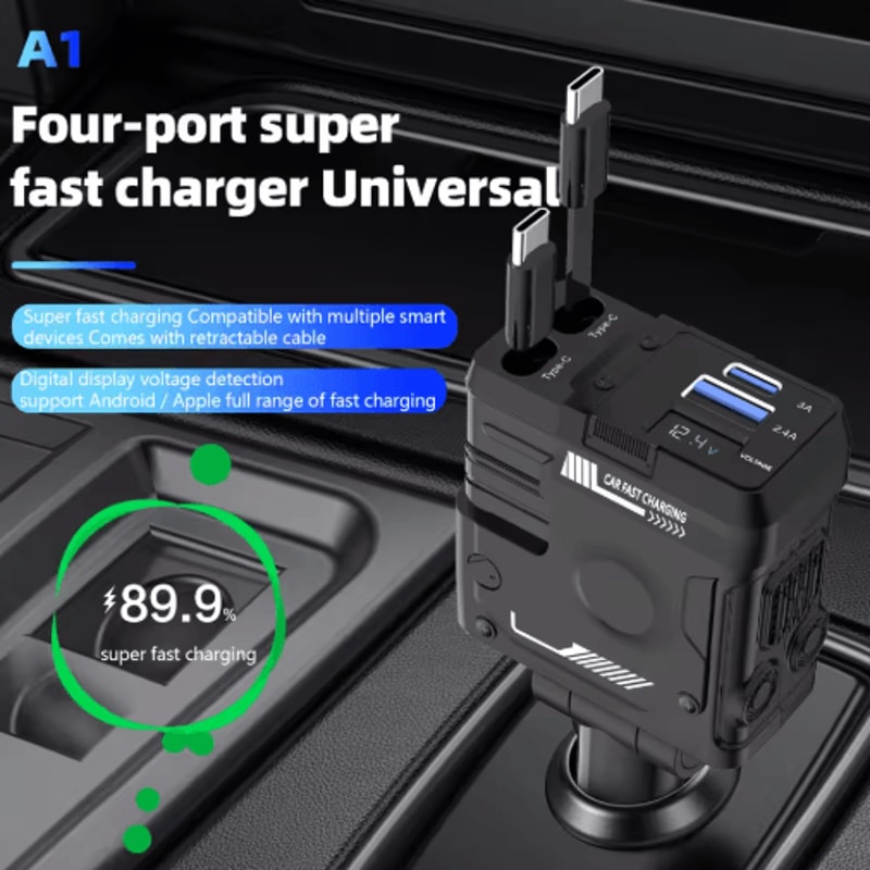 Retractable 4in1 Fast Charging Car Charging Cable Adapter Universal MultiDevice Power Solution 0