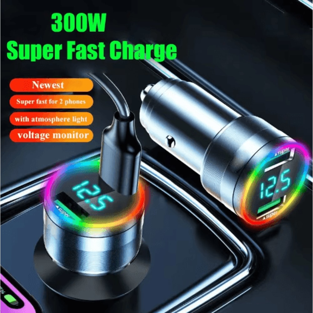 300W Dual USB Super Fast Car Charger With LED Light Voltage Monitor 6