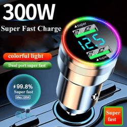 300w dual usb super fast car charger with led light & voltage monitor