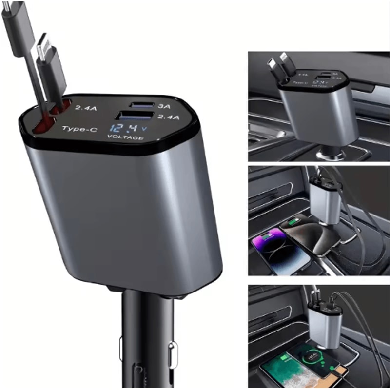 4in1 120W Retractable USBC Car Charger Adapter With Fast Charging Cables 1