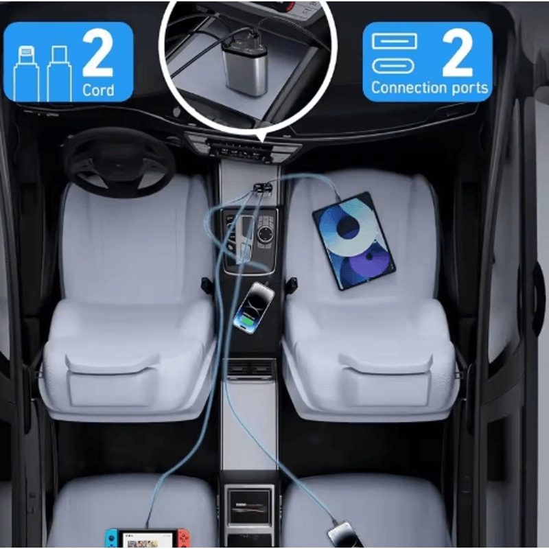 4in1 120W Retractable USBC Car Charger Adapter With Fast Charging Cables 2