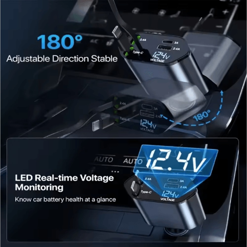 4in1 120W Retractable USBC Car Charger Adapter With Fast Charging Cables 4