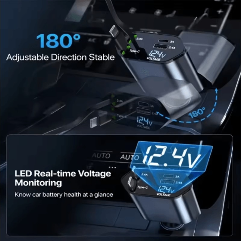 4in1 120W Retractable USBC Car Charger Adapter With Fast Charging Cables 4