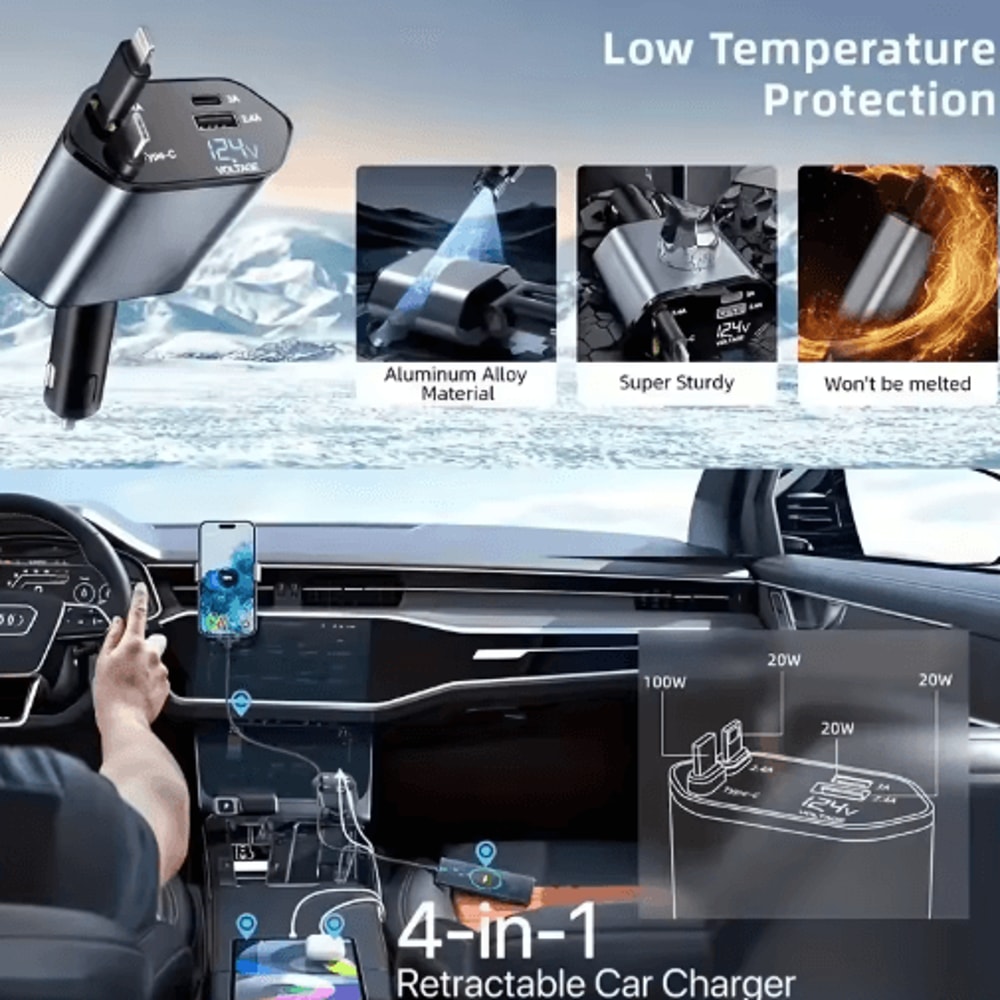 4in1 120W Retractable USBC Car Charger Adapter With Fast Charging Cables 5