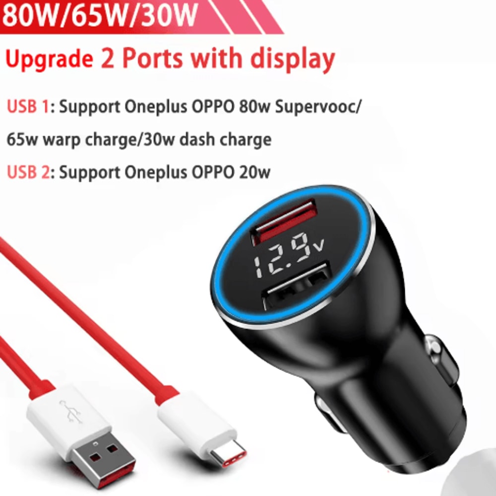80W SuperVOOC Dual USB Car Charger For OnePlus Warp Dash Fast Charge Adapter 2