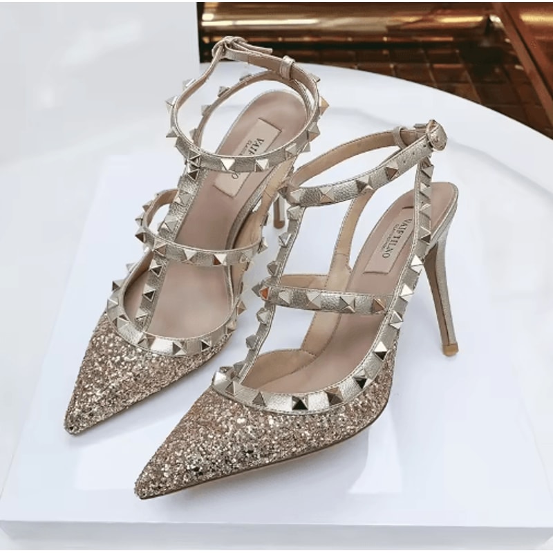 2025 Luxury Punk Rivet Pointed Toe Stiletto Gladiator Sandals 3