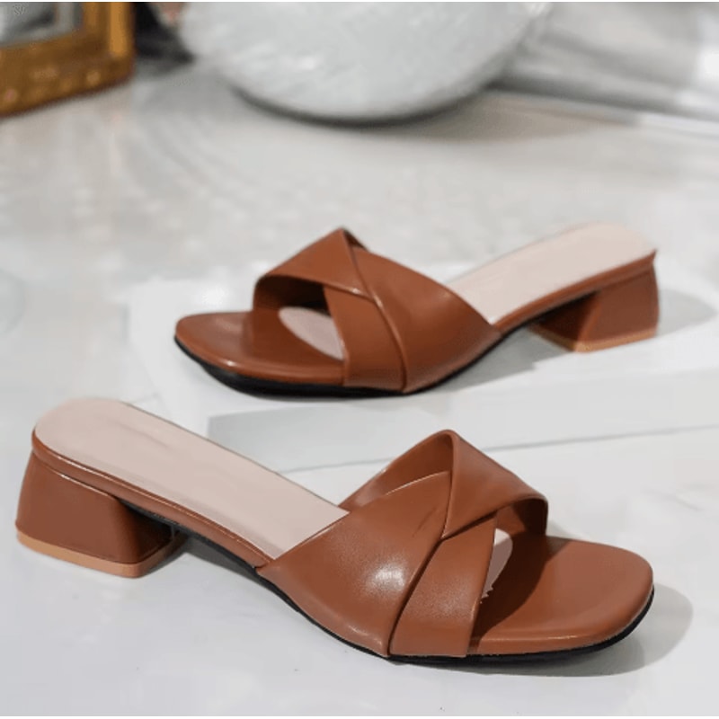 2025 Open Toe Square Heel Leather Slide Slippers Candy Color Summer Sandals 2