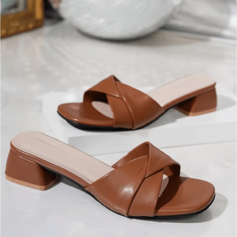 2025 Open Toe Square Heel Leather Slide Slippers Candy Color Summer Sandals 5