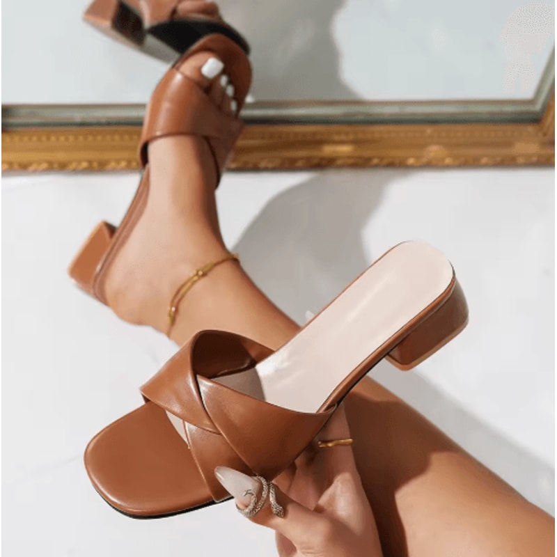 2025 Open Toe Square Heel Leather Slide Slippers Candy Color Summer Sandals 0