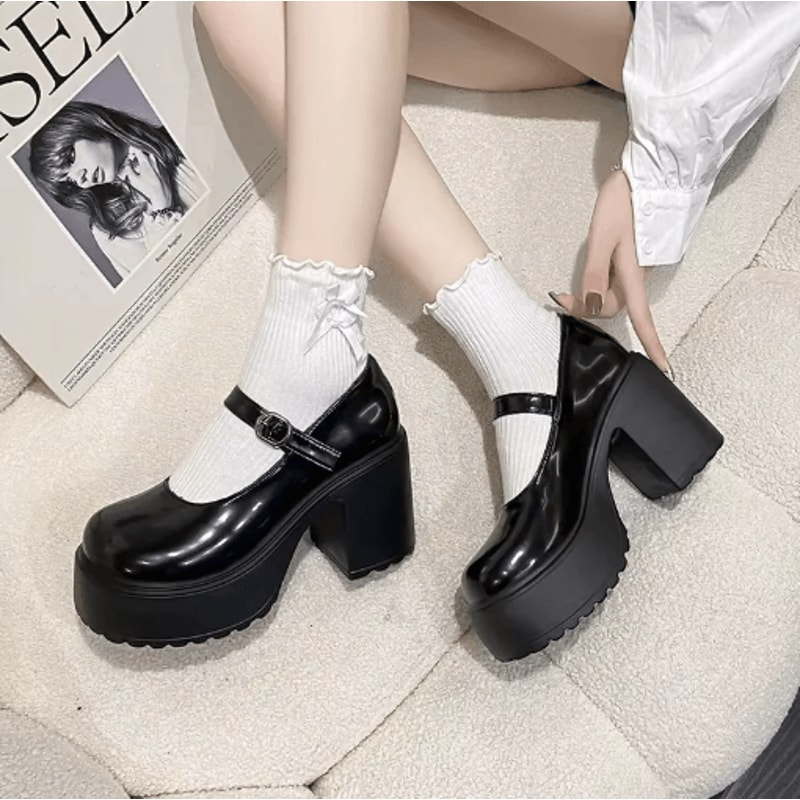 Black Goth Chunky Platform Mary Jane Heels With Ankle Buckle Plus Size 42 0