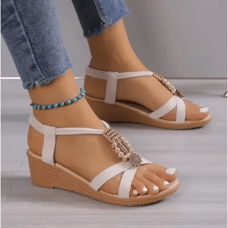 Round Toe Wedge Heel Sandals With Metal Accent Comfortable Casual Flats For Women 5