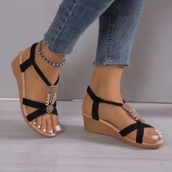 round toe wedge heel sandals with metal accent comfortable casual flats for women