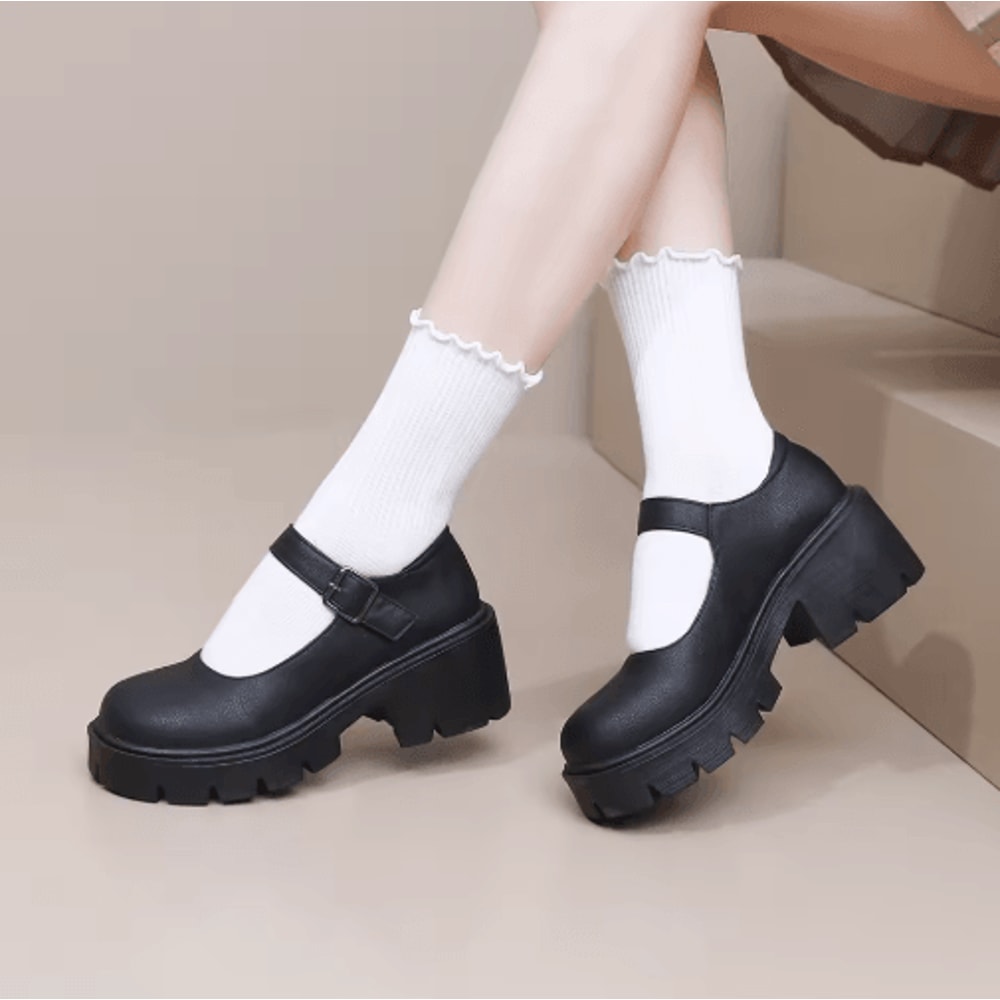 Vintage PU Leather Lolita Platform Mary Janes Japanese Style Chunky Heel Pumps Up To Size 42 3