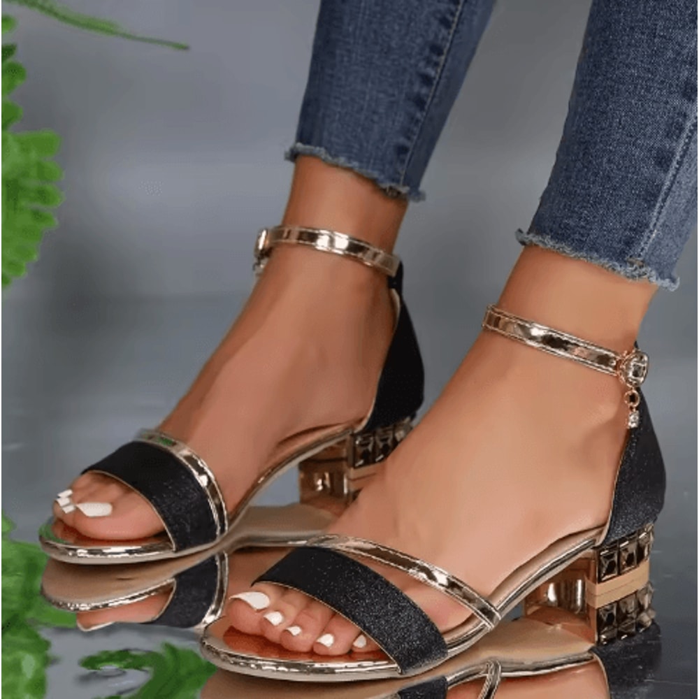 2024 Gold Square Toe Ankle Strap Low Heel Sandals For Women 0