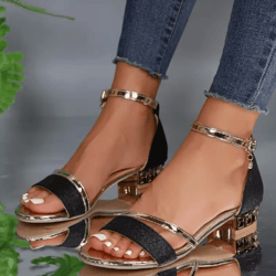 2024 gold square toe ankle strap low heel sandals for women