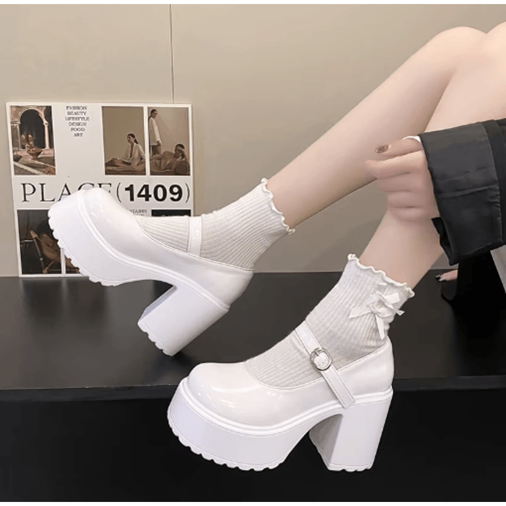 White PU Leather Chunky Platform Mary Jane Heels With Ankle Buckle 4