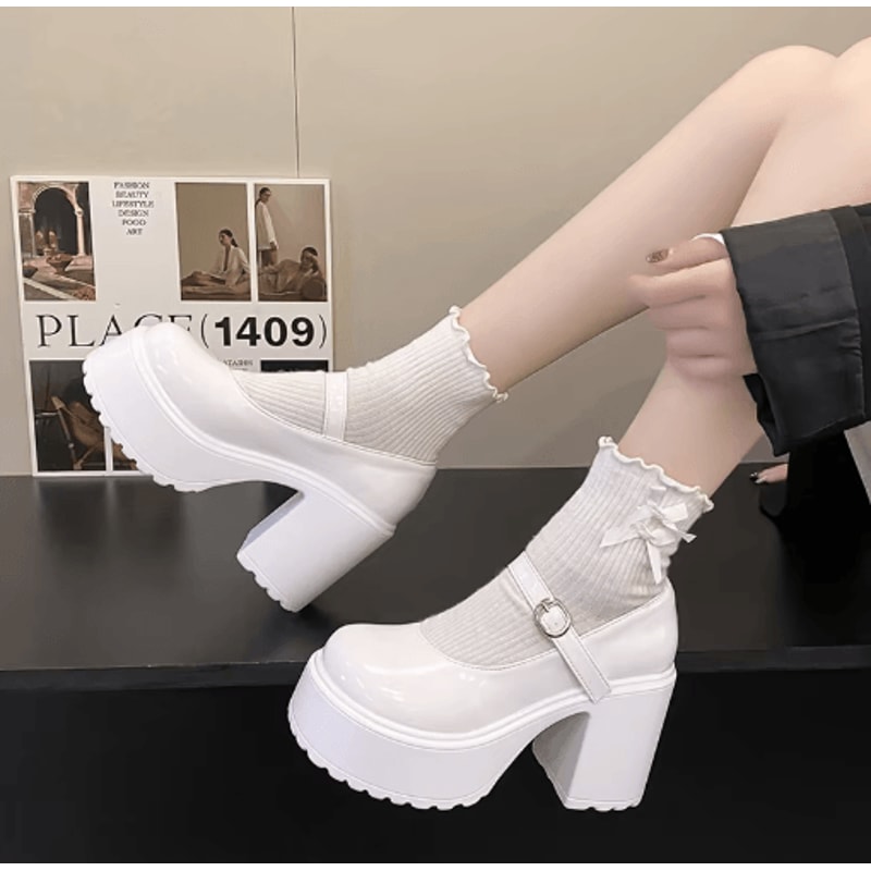 White PU Leather Chunky Platform Mary Jane Heels With Ankle Buckle 4
