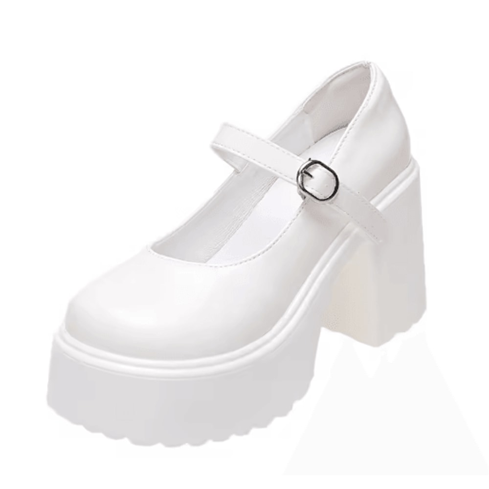 White PU Leather Chunky Platform Mary Jane Heels With Ankle Buckle 5