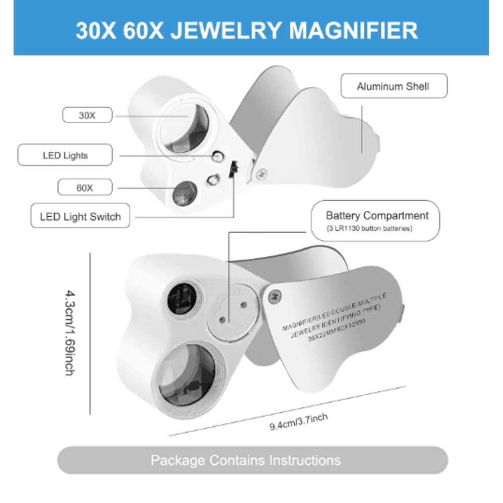 30X 60X LED Lighted Jewelry Magnifier Portable Dual Magnification Pocket Loupe 4