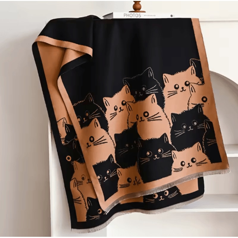Cute Cat Jacquard Pashmina Scarf Thick Cashmere Winter Shawl Blanket Wrap For Women 2