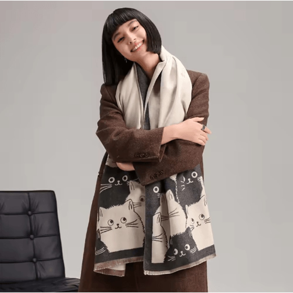 Cute Cat Jacquard Pashmina Scarf Thick Cashmere Winter Shawl Blanket Wrap For Women 10