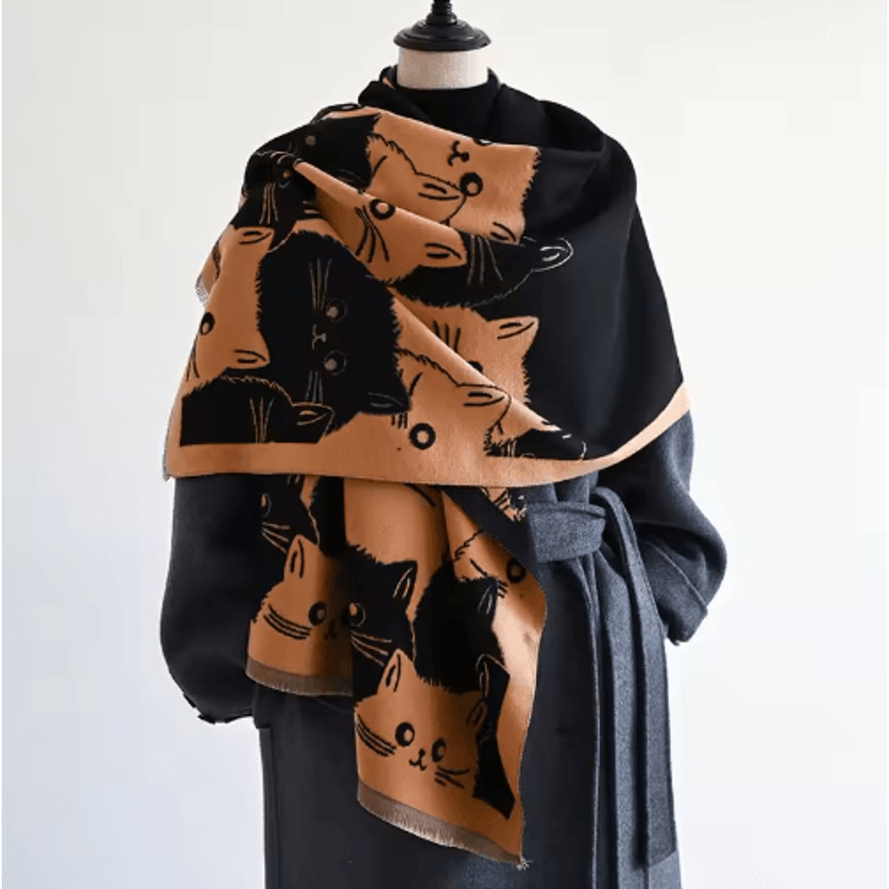 Cute Cat Jacquard Pashmina Scarf Thick Cashmere Winter Shawl Blanket Wrap For Women 9