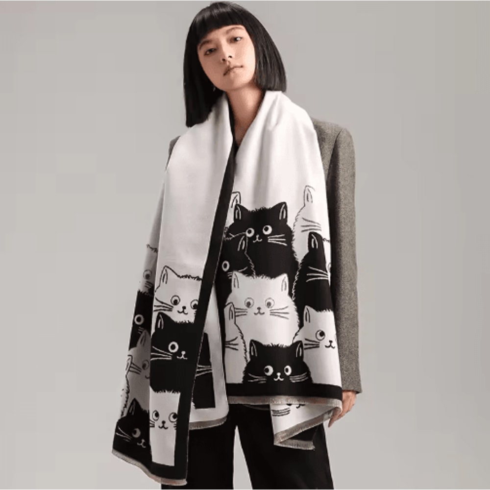 Cute Cat Jacquard Pashmina Scarf Thick Cashmere Winter Shawl Blanket Wrap For Women 0