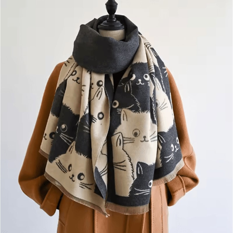Cute Cat Jacquard Pashmina Scarf Thick Cashmere Winter Shawl Blanket Wrap For Women 11