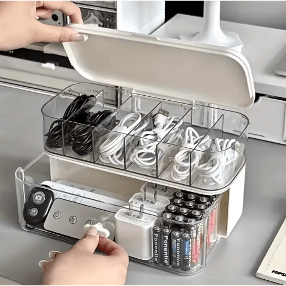 Double Layer Transparent Cable Organizer Desk Storage Box 0