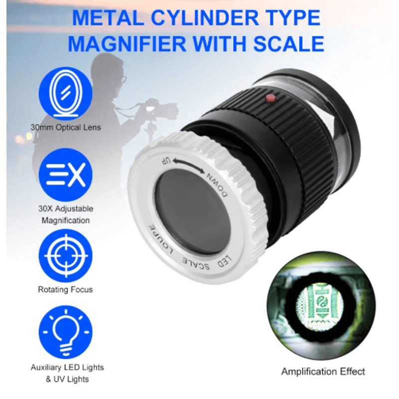 30x Pocket Magnifier With LED UV Light And Measuring Scale 0