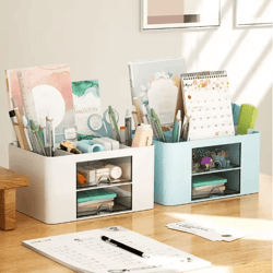 drawer type stationery storage box with multiple compartments and dust protection