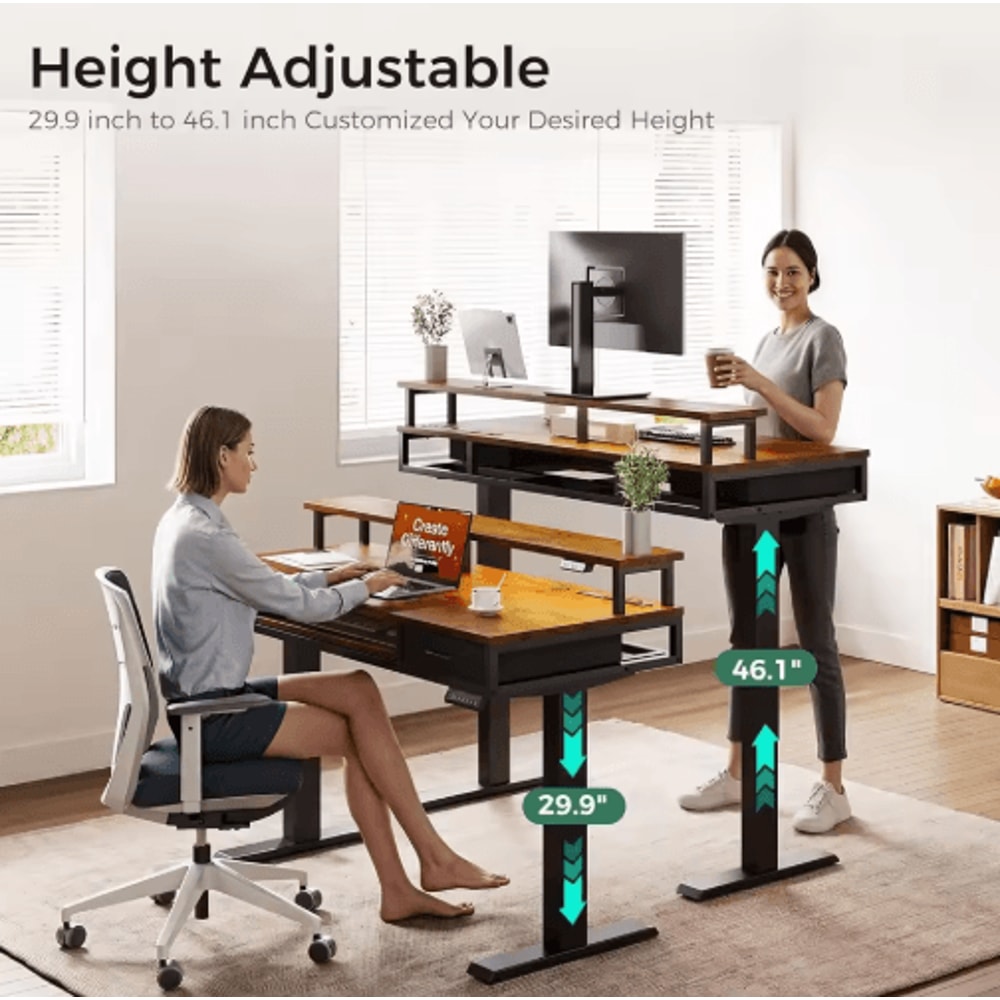 Mid Century Modern Electric Sit Stand Desk With Storage 55 Inch Adjustable Height 3