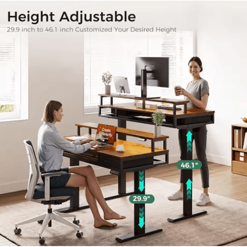 Mid Century Modern Electric Sit Stand Desk With Storage 55 Inch Adjustable Height 3