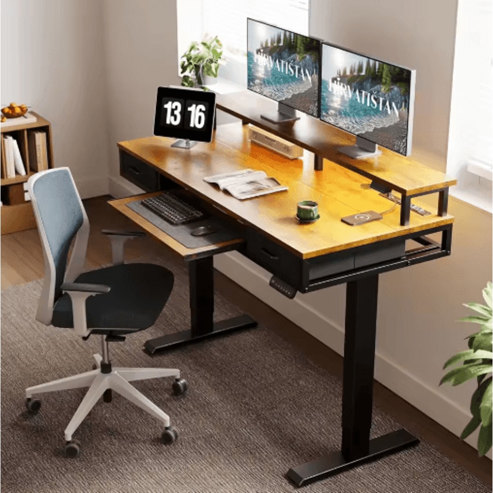 Mid Century Modern Electric Sit Stand Desk With Storage 55 Inch Adjustable Height 5