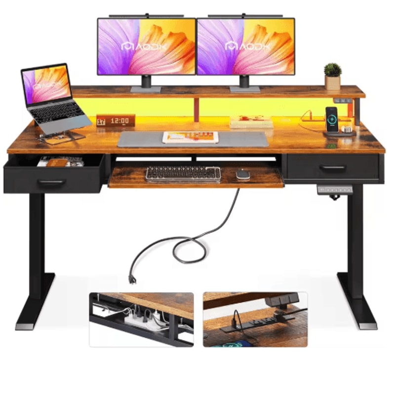 Mid Century Modern Electric Sit Stand Desk With Storage 55 Inch Adjustable Height 0