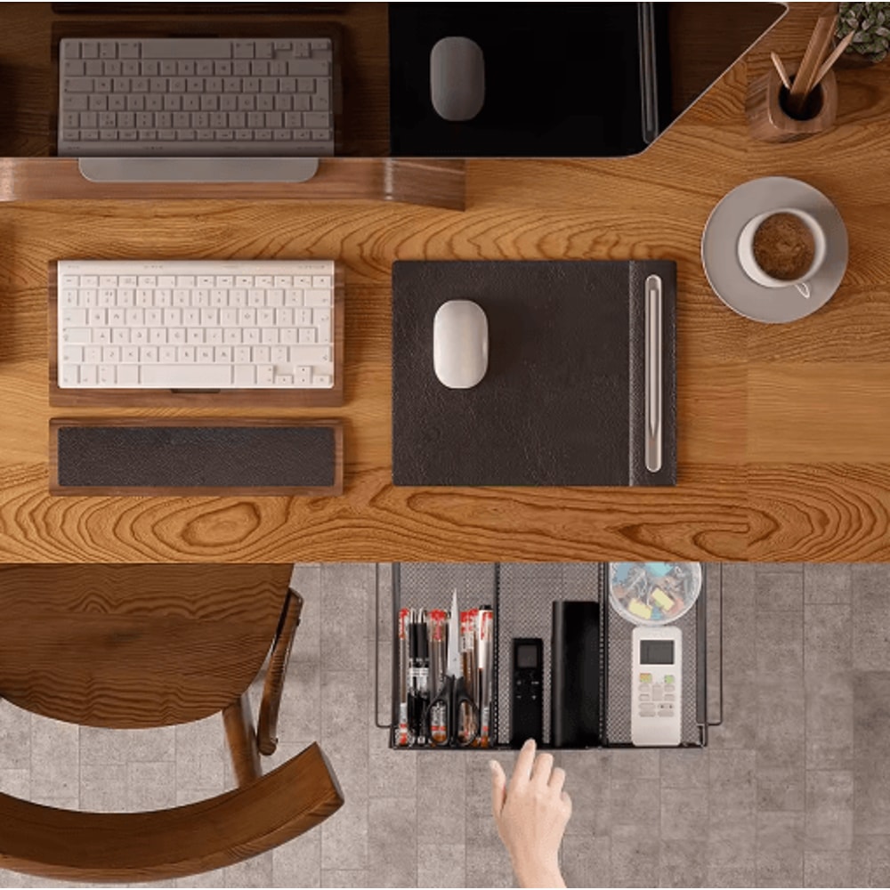 Under Desk Drawer Organizer Set With Black Desktop Storage Basket 4